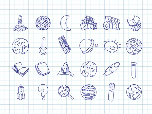 Lindos iconos de dibujos animados sobre ciencia, escuela, tema de estudio. Física, química, astronomía y otras ciencias - ilustraciones vectoriales de iconos para niños. De vuelta a la escuela iconos educativos, dibujos animados de ciencia — Vector de stock