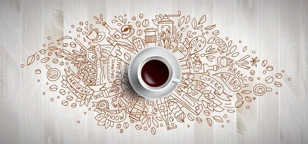 Coffee concept on wooden background - white coffee cup, top view with doodle illustration about coffee, beans, morning, espresso in cafe, breakfast. Morning coffee vector illustration. Hand draw and — Stock Vector