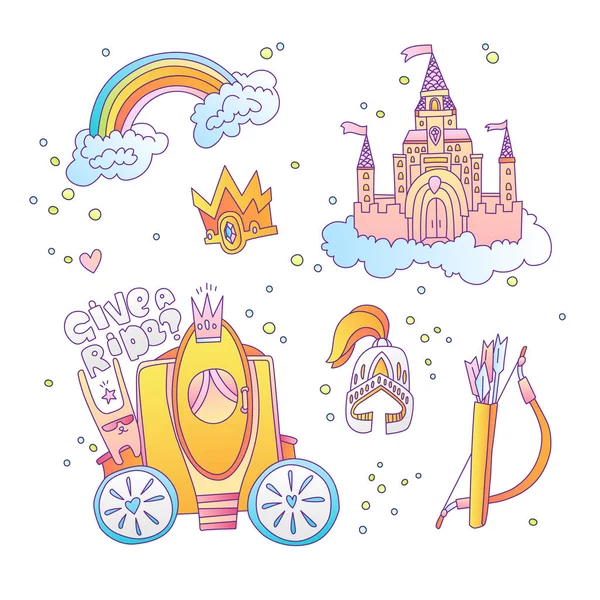 Schattige cartoon magische prinses icoon collectie. Pictogram prinses ingesteld met prinses kasteel, regenboog, brougham, koninklijke kroon en middeleeuwse armour. Prinsessen magische pictogrammen — Stockvector