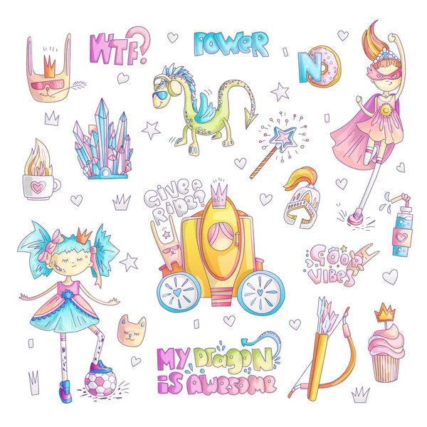 Tapfere Tomboy Prinzessin Vektor Cartoon-Set. Prinzessin Magie und Feminismus Illustration, kleines Teenie-Mädchen mit Ball, Prinzessin Superheldin, tapferes Mädchen Illustration. Feminismus Prinzessinnen Kollektion - Drache — Stockvektor