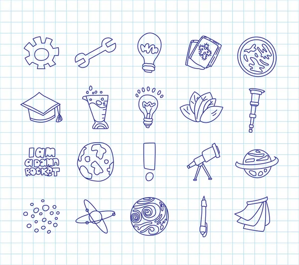 Lindos iconos de dibujos animados sobre ciencia, escuela, tema de estudio. Física, química, astronomía y otras ciencias - ilustraciones vectoriales de iconos para niños. De vuelta a la escuela iconos educativos, dibujos animados de ciencia — Archivo Imágenes Vectoriales