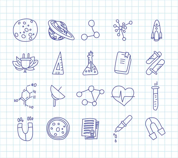 Lindos iconos de dibujos animados sobre ciencia, escuela, tema de estudio. Física, química, astronomía y otras ciencias - ilustraciones vectoriales de iconos para niños. De vuelta a la escuela iconos educativos, dibujos animados de ciencia — Archivo Imágenes Vectoriales