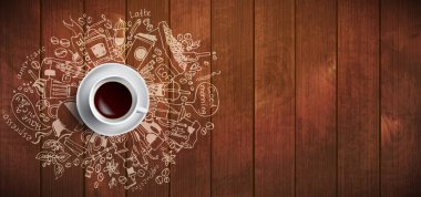 Ahşap arka plan - beyaz kahve Kupası kahve kavramı, kahve, espresso kafe, fasulye, sabah hakkında doodle çizim ile üstten görünüm Servis Kahvaltı. Sabah kahve vektör çizim. El çizmek ve