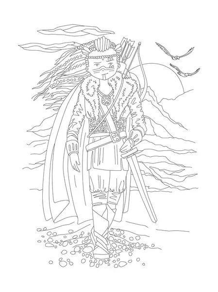 Lindo dibujo de la mano para colorear página con valiente guerrero chica, en traje salvaje antiguo vikingo. Chica vagabunda, niña guerrera, chica vikinga - página para colorear, ilustración del contorno del vector — Vector de stock