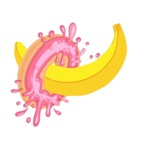 달콤한 도넛과 바나나와 도발적인 벡터 그림입니다. 스플래시와 달콤한 딸기 핑크 도넛, 맛있는 열대 바나나 과일. 달콤한 음식, 재미있는 일러스트 — 스톡 벡터