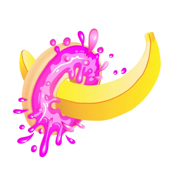 달콤한 도넛과 바나나와 도발적인 벡터 그림입니다. 스플래시와 달콤한 딸기 핑크 도넛, 맛있는 열대 바나나 과일. 달콤한 음식, 재미있는 일러스트 — 스톡 벡터