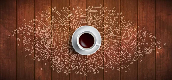 Coffee concept on wooden background - white coffee cup, top view with doodle illustration about coffee, beans, morning, espresso in cafe, breakfast. Morning coffee vector illustration. Hand draw and — Stock Vector