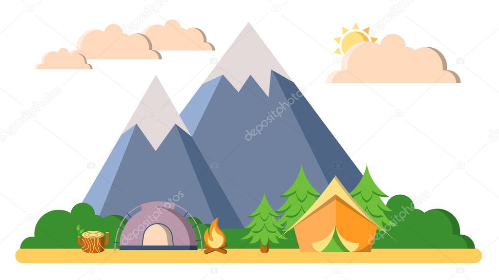 Summer camping, trekking and climbing vector landscape flat illustration. Mountain, woods and forest, tents, camfire with clouds isolated on white background.