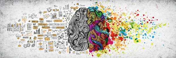 Αριστερά δεξιά ανθρώπινος εγκέφαλος έννοια, ανάγλυφη εικόνα. Δημιουργική αριστερό και το δεξί μέρος του ανθρώπινου εγκεφάλου, emotial και λογική ιδέα μέρη με κοινωνικές και επαγγελματικές doodle εικονογράφηση της αριστερή πλευρά, και της τέχνης — Φωτογραφία Αρχείου