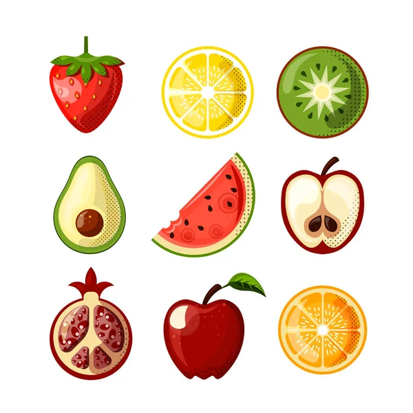 Färska saftiga frukter platta ikoner isolerade på vit bakgrund. Jordgubb, citron, QIWI, vattenmelon och andra frukter i en kollektion. Platt Ikonuppsättning av hälsosam mat-frukter. — Stock vektor