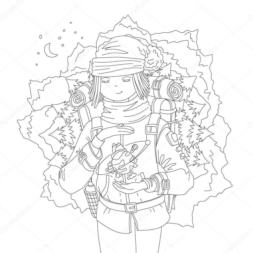 Cute hand draw coloring page with wanderer girl with backpack, dreaming about mountain travel, holding the Earth between hands. Girl, ready for magic travel, vector outline illustration, coloring page