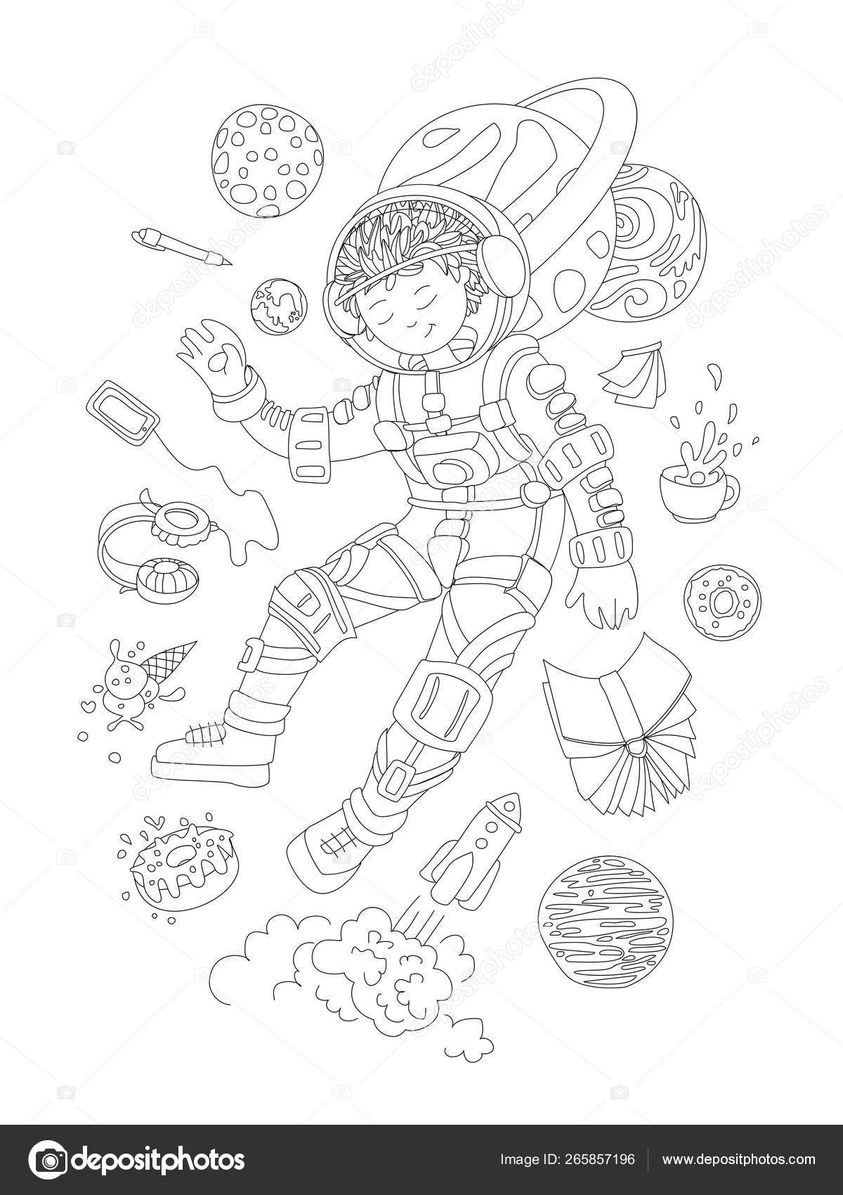 Cute Hand Draw Coloring Page With Brave Astronaut Cosmonaut Girl