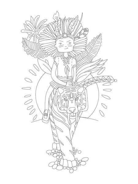 Lindo dibujo de la mano para colorear página con valiente niño salvaje - niña sentada en el tigre con adorno tribal y puesta de sol. Linda chica aparejo animal salvaje, ilustración contorno vectorial para colorear páginas. Chica salvaje — Vector de stock