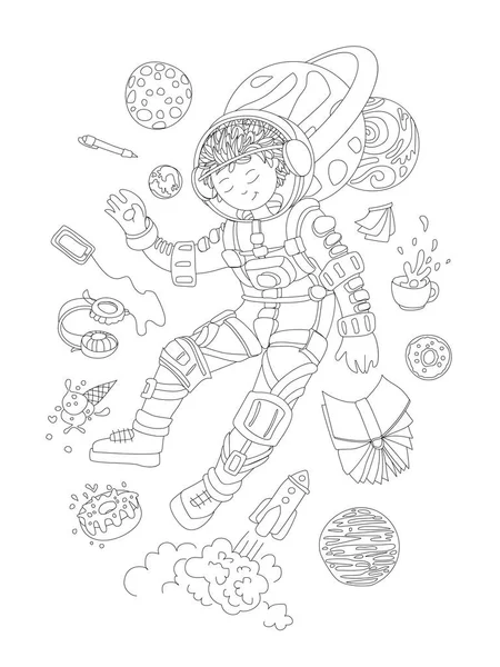 Sevimli el cesur astronot, kozmonot kız ile boyama sayfası çizmek - sevimli kız etrafında bilim unsurları ile uzayda yüzen - kitap, çay, kahve, donut, roket, kulaklık ve gezegenler. Bilim kızı