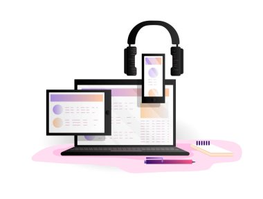 Online eğitim kavramı, vektör illüstrasyon. Çalışma, evden dizüstü bilgisayar, tablet, akıllı telefon ve kulaklık ile online öğrenme. Rahat online learing ve çay fincan ve öğrenme kitapları ile eğitim