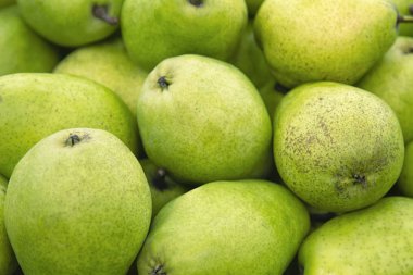 Taze yeşil armut dokusu. Taze armut tezgahın üzerinde yatan - taze meyve ile yeşil ve sarı doku - armut yeşil doku