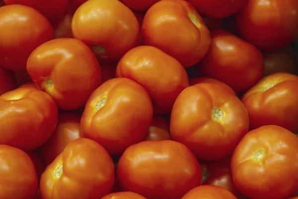 Fresh red tomato lying on the market counter. Red tomatoes texture, bright healthy vegetables and vegetatarian texture of red tomatos — Stock Photo, Image