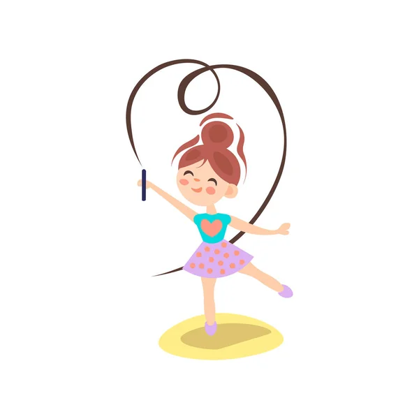 Mladá baletka v pohybu. Rytmická gymnastika. Dospívající sport, zdravý životní styl. Krásná dívka s létající stuhami, tanec na bílém pozadí, balet, kreslený vektorový obrázek — Stockový vektor