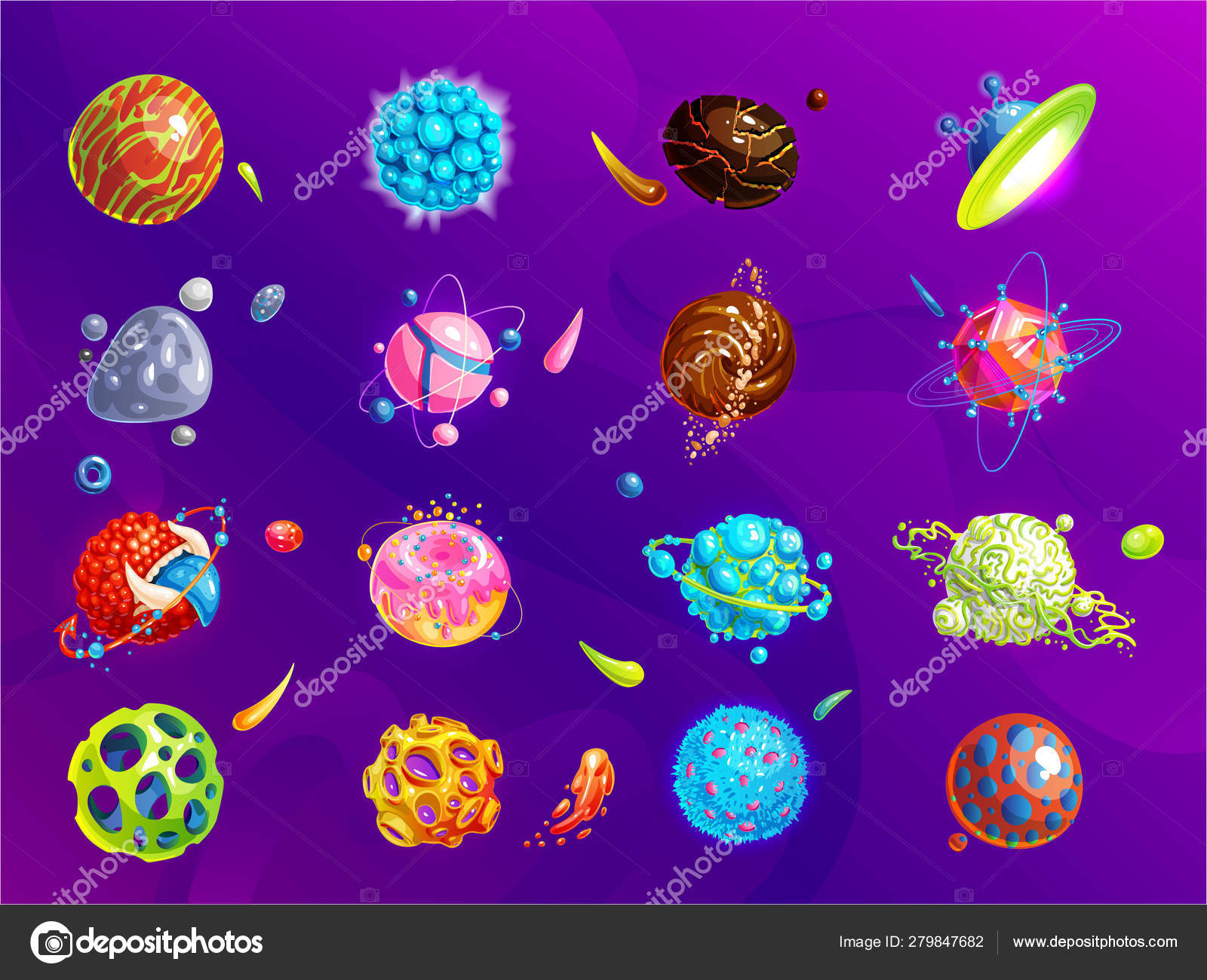 Romplaneter, asteroider, måne, fantastiske tegneikoner. Fargeasteroide og  planet, illustrasjon fantastisk univers tegnefilmplaneter. Fantastiske  fargerike planeter satt. Kosmisk samling stockvektor © LisaAlisa_ill  #279847682, image size:1600x1300