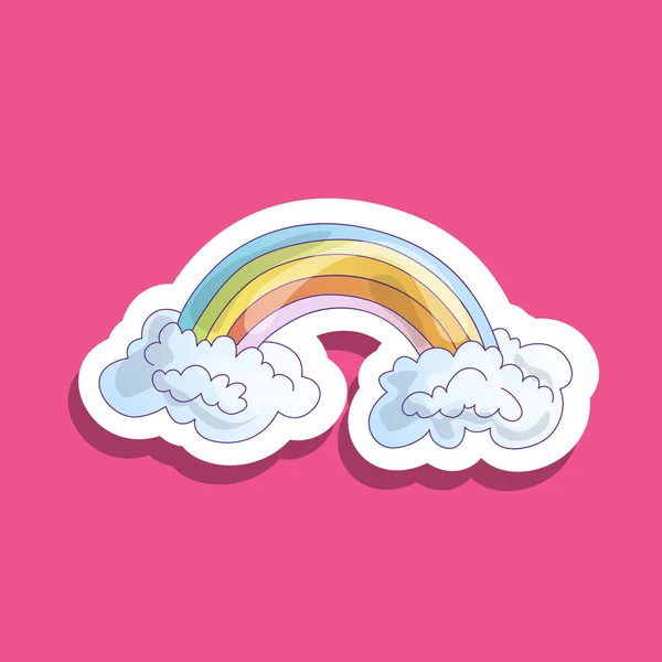 Kleur regenboog met wolken. Leuke cartoon regenboog in blauwe wolken sticker, op roze achtergrond — Stockvector