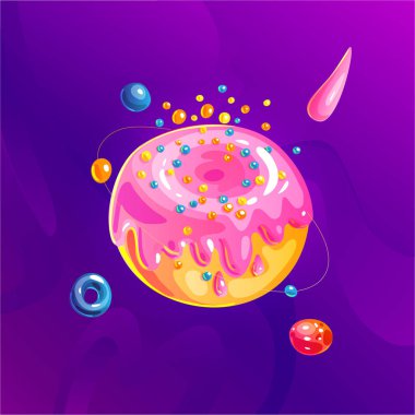 Uzay fantezi gezegen, asteroit, ay, fantastik dünya oyunu vektör karikatür simgesi, donut tatlı tarzı illüstrasyon. Renkli ışıltılar ile pembe tatlı sır. Kozmik fantezi renkli gezegen