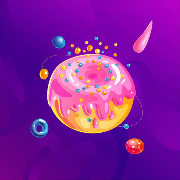 Space Fantasy planet, asteroid, månen, fantastisk värld spel vektor Cartoon Icon, illustration i donut söt stil. Rosa dessert glasyr med färgade gnistrar. Fantasy färgglada planet med kosmiska — Stock vektor