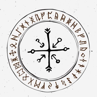 Yazıda İskandinav islandic ve viking runes ayarlayın. Sihirli el komut dosyası kullanan talismans semboller çizin. İzlanda'daki eski tılsımlar vektör kümesi. Galdrastafir, mistik erken Kuzey büyü belirtileri. Etnik İskandinav viking