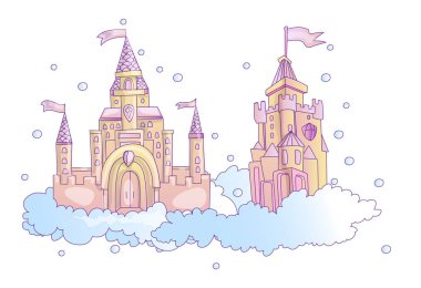 vector cartoon illustration of pink princess magic castle in clouds. pink princess magic castle in blue clouds, with flags and torrets, pastel pink color. Cute cartoon princess castle sticker clipart