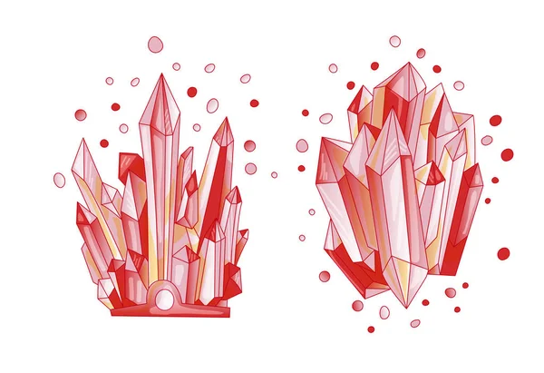 Cristal rojo, dibujo animado lindo vector ilustración de cuarzo. Cuarzo corona de cristal y drusa de cristal, grano rojo sobre fondo blanco. Dibujos animados piedras semipreciosas rojas de cuarzo rojo rubí, sardio en negro . — Archivo Imágenes Vectoriales