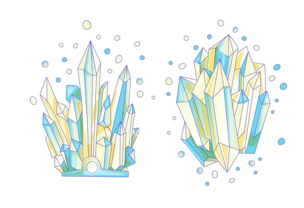 Blue and yellow crystal, cartoon cute vector Quartz illustration. Quartz Crystal druse, blue princess grain on wihte background. Cartoon colored semiprecious stones of blue Quartz, cute bright — Stock Vector