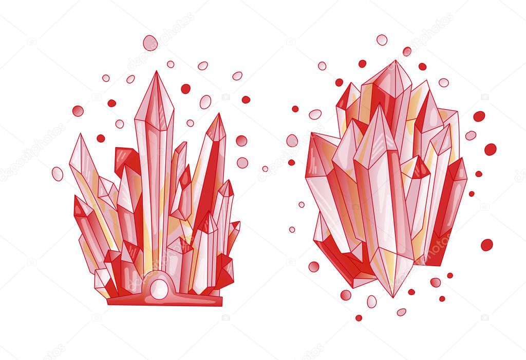 Red crystal, cartoon cute vector Quartz illustration. Quartz Crystal crown and crystal druse, red grain on white background. Cartoon red semiprecious stones of red Quartz -ruby, sardius on black.