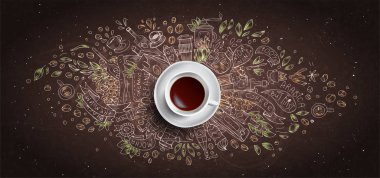 Siyah tahta arka planda Kahve tebeşir resimli kavram - beyaz kahve fincanı, kahve, fasulye, sabah, kafede espresso, kahvaltı hakkında tebeşir doodle illüstrasyon ile üst görünümü. Sabah kahvesi vektörü
