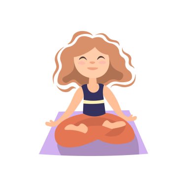 Kız yoga mat yoga yapıyor, lotos poz. Lotos duruş küçük kız, yoga exersise, vektör karikatür illüstrasyon