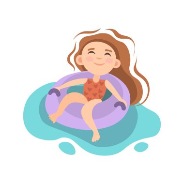 Yaz çocuk etkinliği - yüzme havuzu, deniz veya okyanus şişme yatak oturan küçük kız. Yaz yüzme havuzu aktivitesi, yaz tatili. Şişme yataklı kız
