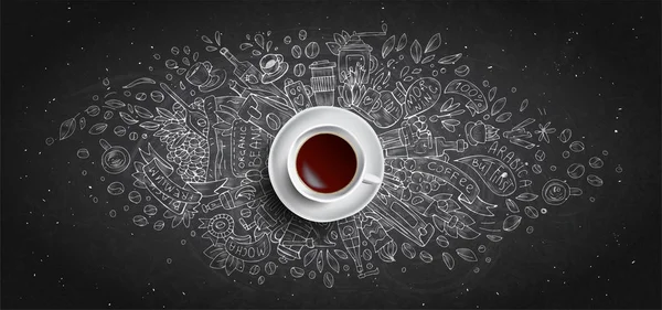 ブラックボードの背景にコーヒーチョークの概念を描いた - ホワイトコーヒーカップ、コーヒー、豆、朝、カフェでのエスプレッソ、朝食に関するチョーク落書きイラストとトップビュー。モーニングコーヒーベクトル — ストックベクタ