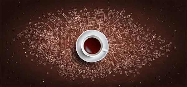 Kaffe krita illustrerat koncept på svart tavla bakgrund-vit kaffekopp, uppifrån med krita Doodle illustration om kaffe, bönor, morgon, espresso i Café, frukost. Morgonkaffe vektor — Stock vektor