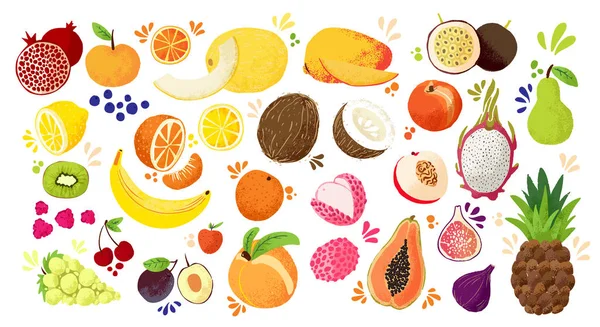 Zestaw kolorowych ręcznie rysować owoce-tropikalne słodkie owoce i ilustracji owoców cytrusowych. Jabłko, gruszka, pomarańczowy, banan, papaja, owoc smoka, lichele i inne. Wektor kolorowy szkic na białym tle — Wektor stockowy