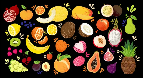 Σετ πολύχρωμων καρπών με χέρι-τροπικά γλυκά φρούτα και εικονογράφηση εσπεριδοειδών. Μήλο, αχλάδι, πορτοκάλι, μπανάνα, παπάγια, φρούτα του Δράκου, λίτσι και άλλα. Σχήμα διανυσματικού χρώματος σκίτσο απομονωμένο — Διανυσματικό Αρχείο