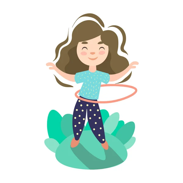 Petite fille faisant de l'exercice avec cerceau, jeu de sport pour enfants d'été et équipement — Image vectorielle