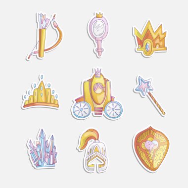 Sevimli kız prenses simge seti. Kristal, sihirli değnek, dümen ve brougham ile kalkan ile sevimli prenses çıkartmaları Koleksiyonu. Prenses ve savaşçılar karikatür çıkartmalar