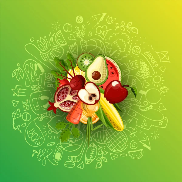 Healthy lifestyle concept with sport and healthy diet doodles and icons - sport, food, happy and normal sleep icons around fresh, juicy fruits on white background. Healty diet and sport concept