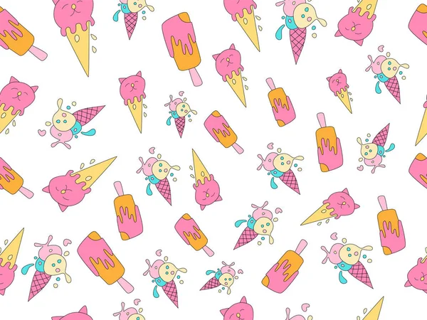 Мороженое векторный рисунок мультфильма. Сладкий мороженый, розовый и желтый цвета со шпинатами. Ледовый десерт бесшовный узор на белом фоне. Cartoon vanilla, berry and strawberry ice pattern on — стоковый вектор