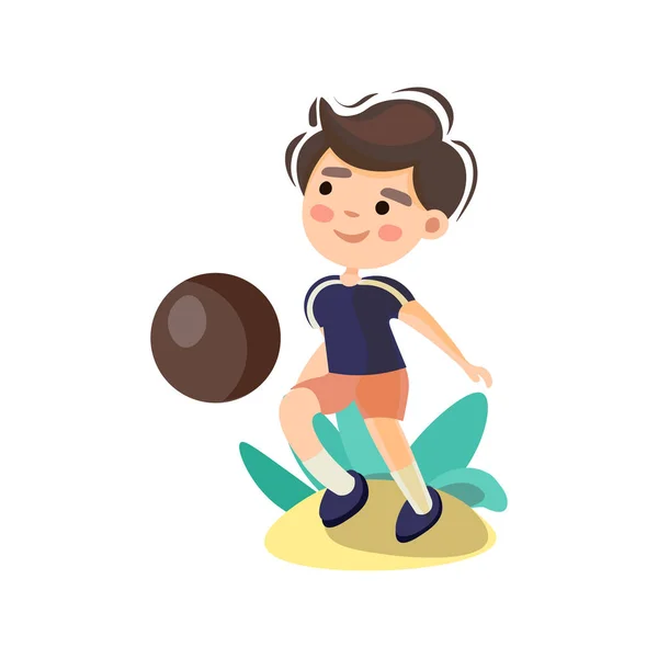 Cute little boy playing with ball. Summer kids sport activity, vector cartoon illustration, isolated on white background. Kid plays with ball on playground. Little boy with ball. — Stock Vector