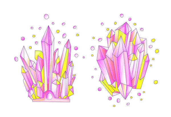 Cristal amarillo y rosa, dibujo animado lindo vector ilustración de cuarzo. Druse de cristal de cuarzo, grano de princesa rosa sobre fondo blanco. Piedras semipreciosas de cuarzo rosa de dibujos animados — Archivo Imágenes Vectoriales