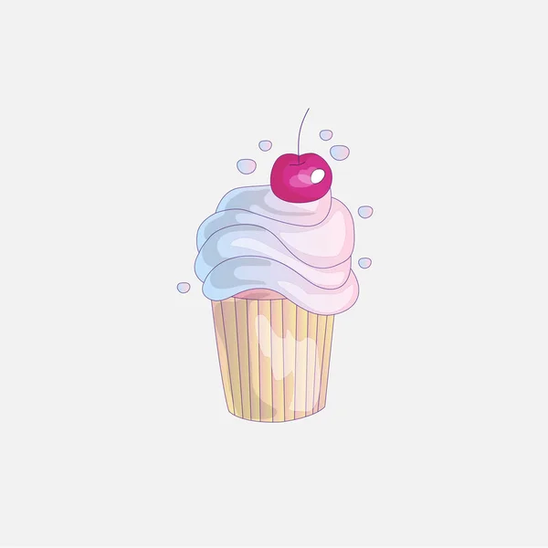 Lindo dibujo animado pequeña princesa cupcake ilustración con cereza. Crema rosa, pastel de cereza para la princesita. Lindo icono cupcake aislado. Magdalena de dibujos animados con cereza — Vector de stock