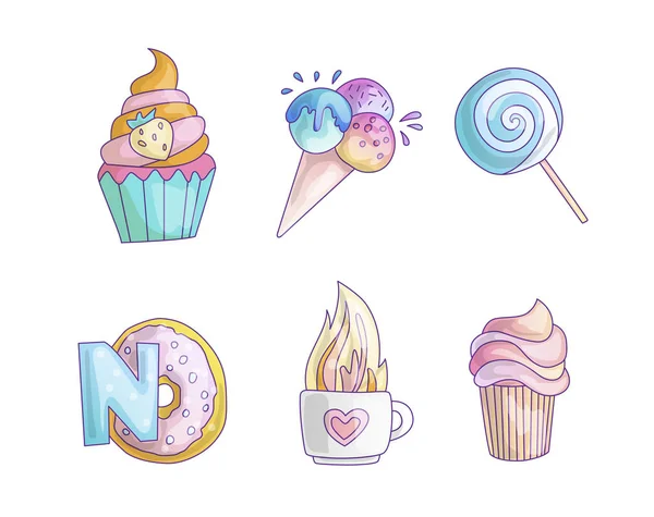 Niedlichen Cartoon kleine Prinzessin Symbol-Set - Süßigkeiten süßes Eis, Kuchen, Cocktails, Donut und Lutscher. Niedliche Girly Bonbons - Symbolaufkleber in einer Kollektion — Stockvektor