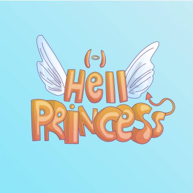 Aziz kanatları ve kötü kuyruk, boynuzları ile Sevimli karikatür Hell Princess yazı. Itaatsiz küçük prenses, sevimli cehennem kız, melek kanat ve kötü boynuzları ile kötü kız karikatür kavramı yazma. Kötü kız