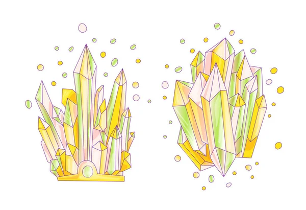 Green, pink and orange crystal, cartoon cute vector Quartz illustration. Quartz Crystal druse, pink princess grain on wihte background. Cartoon colored semiprecious stones of orange Quartz, cute — Stock Vector