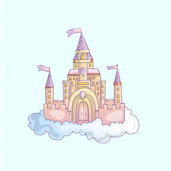 Vector cartoon illustration of pink princess magic castle in clouds. pink princess magic castle in blue clouds, with flags and torrets, pastel pink color. Cute cartoon princess castle illustration — Stock Vector