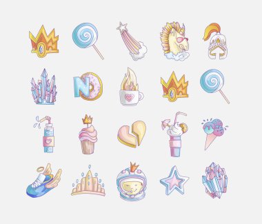 Prenses ve küçük kızlar sevimli moda ikonu ayarlayın. El çizilmiş prenses elemanları Lovely vektör seti - küçük prenses, donut, tatlılar, lolipop, dondurma ve düşen yıldız için kokteyller. Sevimli renkli
